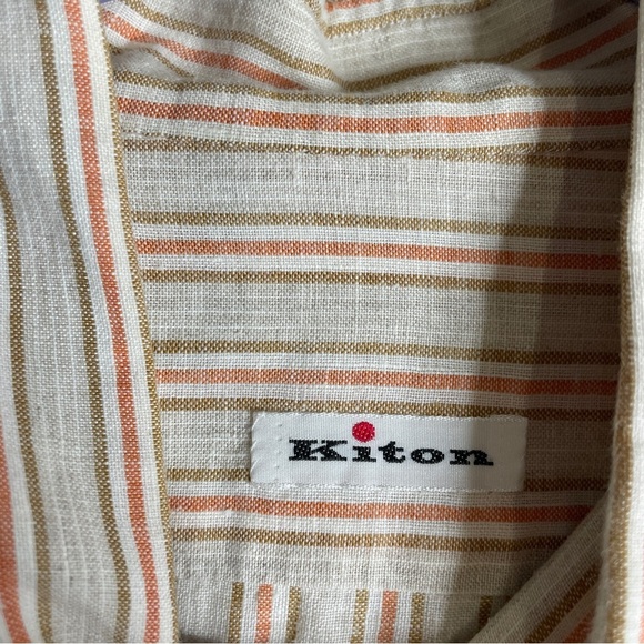 Kiton Mens Tan Striped 100% Linen Button Down Shirt Size 41 - Picture 7 of 10